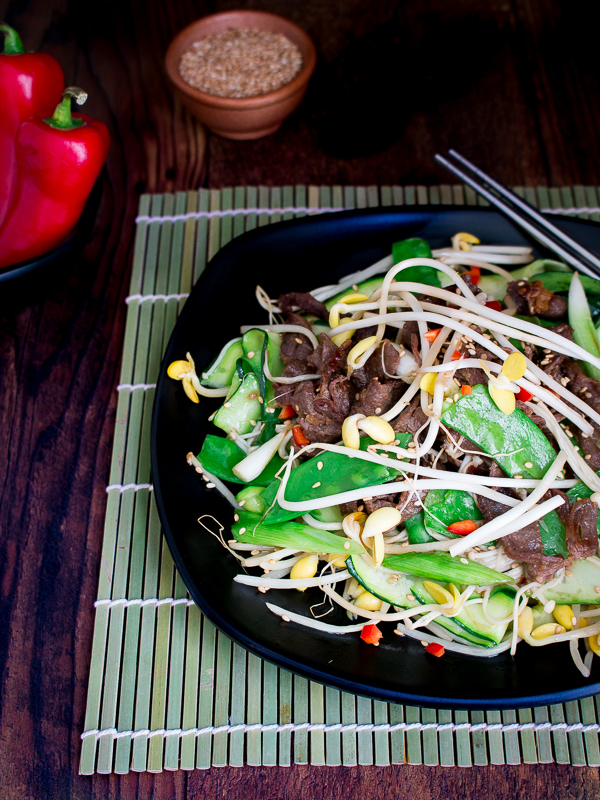 Spicy Bulgogi Beef Stir Fry getting ready to be topped with sesame seeds.