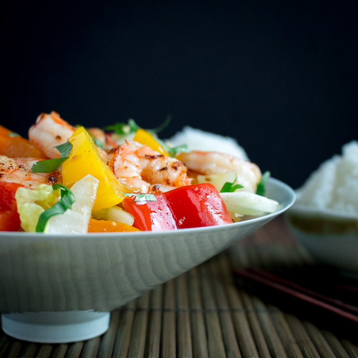Shrimp stir fry with cabbage and other fresh veggies.