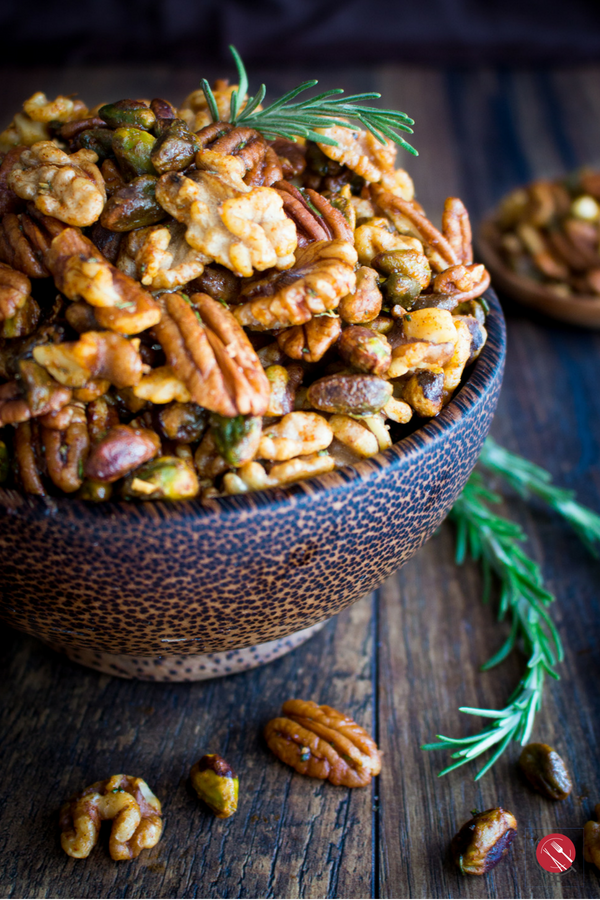Stove Top Rosemary Party Nuts /#nuts #appetizer #lowcarb #hearthealthy #snack #pecans #walnuts #pistachios / https://www.hwcmagazine.com