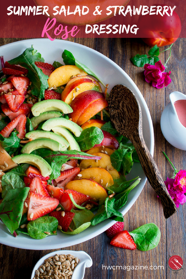 Summer Salad with Strawberry Rose Dressing is going to be your new go to salad for all of your gatherings this summer. Less than 15 minutes, healthy, tossed with seasonal fruit and greens and a dreamy zippy strawberry ROSE dressing. Click to grab the recipe details on our website. #salad #summertime #recipes #fruit #healthy #strawberry #rose #dressing #vinaigrette #glutenfree #dairyfree / https://www.hwcmagazine.com