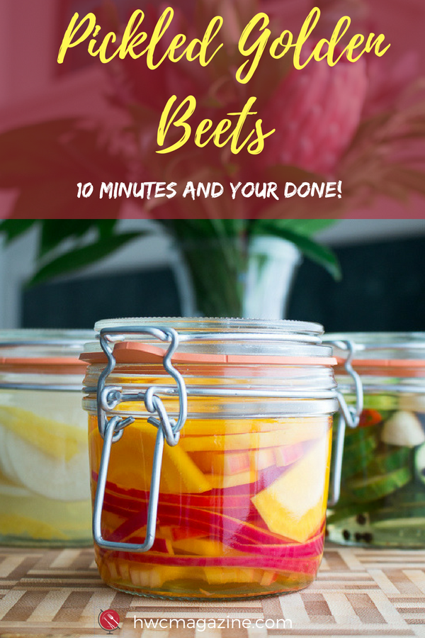 Gingered Red Onion Pickled Golden Beets are a 10 minute bet you can eat just one quick pickle recipe. #pickles #beets #onions #quickpickles / https://www.hwcmagazine.com