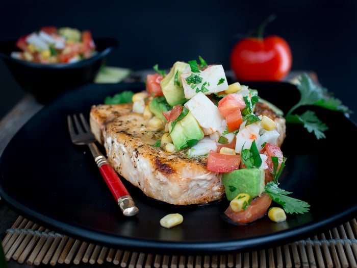 Grilled Swordfish with Summer Vegetable Crab Salsa / https://www.hwcmagazine.com