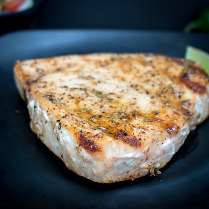 Grilled Swordfish just off the grill with nice grill marks.