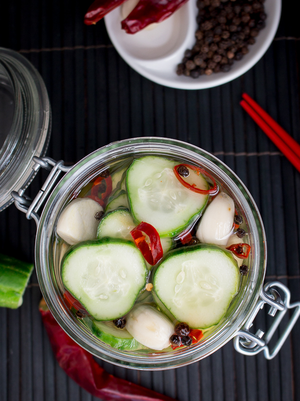 Close up shot of the pickles showing the dried red chili peppers and peppercorns and whole garlics.