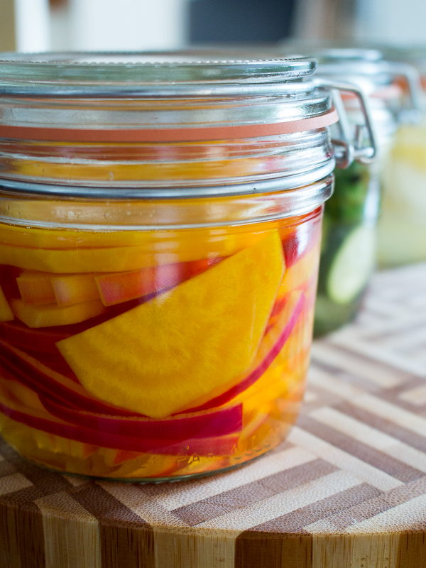 Jars of pickles ready for the refrigerator. 