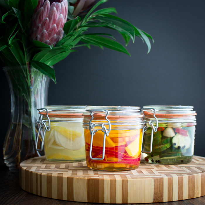 Lemon Diakon, Beet and Red Onion and Spicy Cucumber Refrigerator pickles ready for the refrigerator. 