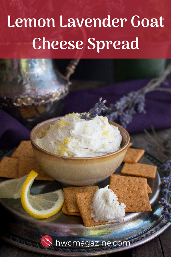 Lemon Lavender Goat Cheese Spread is a fast and easy summertime appetizer. Perfect dip on vegetables, crackers and crostini and pairs well with a crisp white wine #lowcarb #appetizer #cheese #lavender #snack #gutfriendly / https://www.hwcmagazine.com