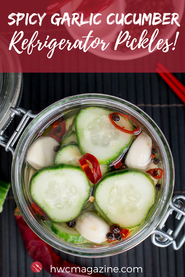Spicy Garlic Cucumber Refrigerator Pickles are going to be your go to easy peasy pickle this summer. Fabulous in sandwiches, in pasta salads and rock as a side dish for any Asian inspired meal. Head on over to check out the full recipe. #pickles #cucumbers #asian #vegetables #pickling #recipe #vegan #glutenfree / https://www.hwcmagazine.com