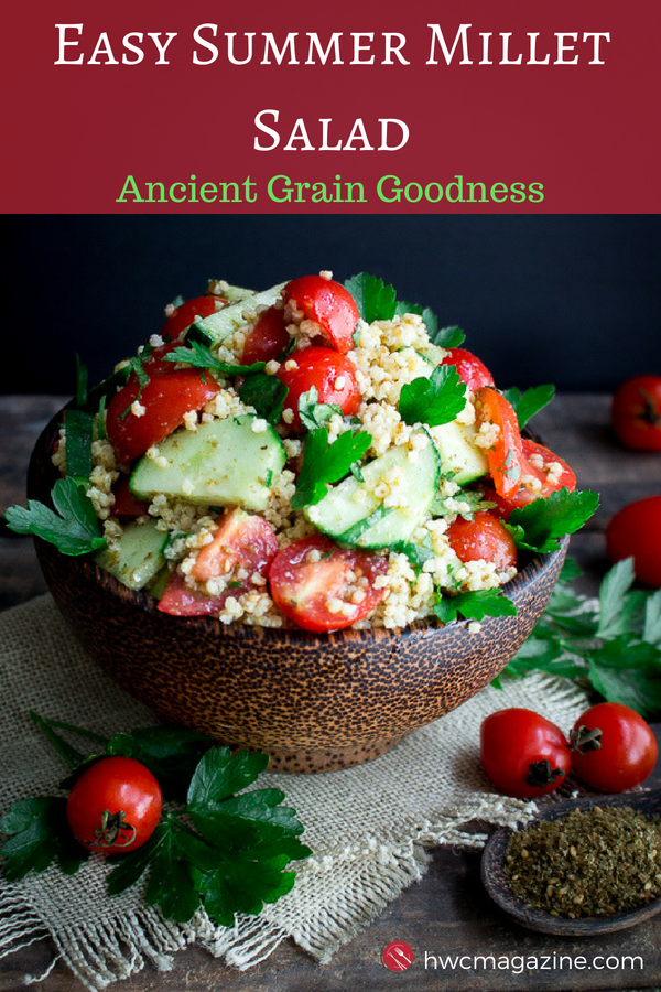 Easy Summer Millet Salad is an ancient grain gluten-free vegan salad bursting with fresh heirloom tomatoes, cucumbers and a zippy lemon Za'atar dressing. #middleeastern #salad #ancientgrain #millet #summer #tomatoes #sidedish #potluck #dishtopass / https://www.hwcmagazine.com