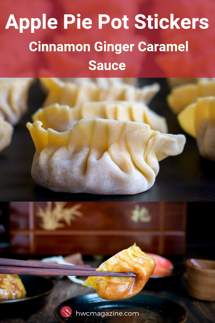Apple Pie Pot Stickers are little Chinese pan fried dumplings stuffed with apples, cinnamon and ginger with a super easy Cinnamon Ginger Caramel sauce for dipping. Perfect dessert to celebrate Mid-Autumn Festival. #chinese #dimsum #potstickers #asianrecipe #midautumnfestival / https://www.hwcmagazine.com