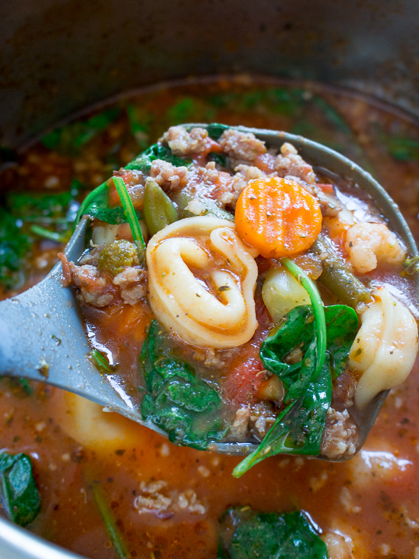 Soups spoon fulled with delicious tortellini and vegetables