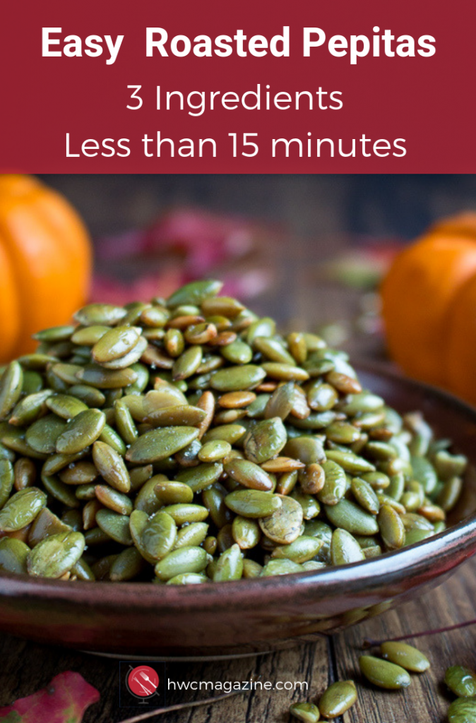 Easy Roasted Pepitas are crunchy, toasty pumpkin seeds without the shell. Perfect for snacking or as a topping for soups, salads, and many recipes. 3 ingredients and less than 15 minutes / https://www.hwcmagazine.com