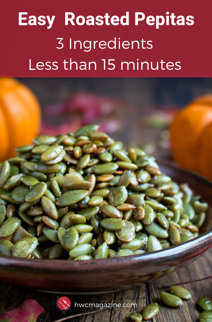 Easy Roasted Pepitas are crunchy, toasty pumpkin seeds without the shell. Perfect for snacking or as a topping for soups, salads, and many recipes. 3 ingredients and less than 15 minutes #snacks #gameday #appetizer #easyrecipe #pumpkin #fallrecipes / https://www.hwcmagazine.com