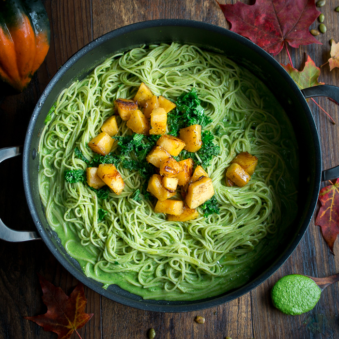 Pot with the noodles, acorn squash and pesto all in one pot.