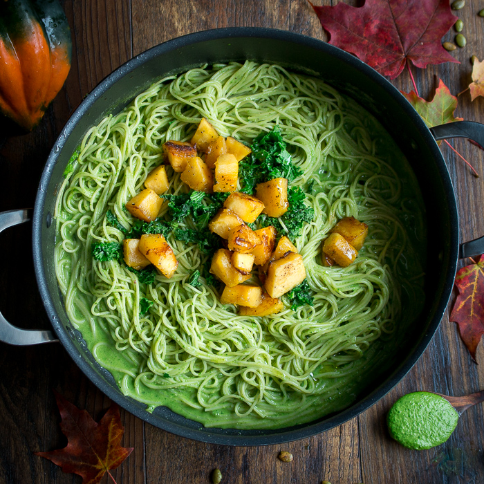 Pot with the noodles, acorn squash and pesto all in one pot.