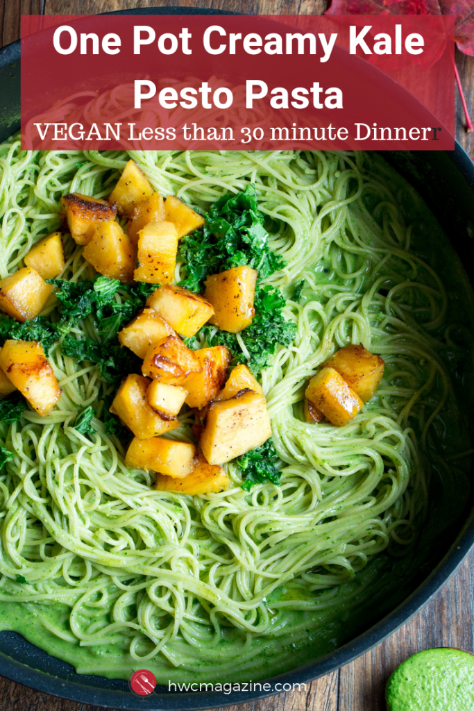 One Pot Creamy Kale Pesto Pasta is an easy way to get dinner on your table in under 30 minutes. Angel hair pasta noodles are tossed with a kale pepitas pesto and pan fried acorn squash. Everything is cooked in one pot! #pasta #noodleswithoutborders #pesto #kale #acorn #squash #vegan #easy #falldinneridea/ https://www.hwcmagazine.com