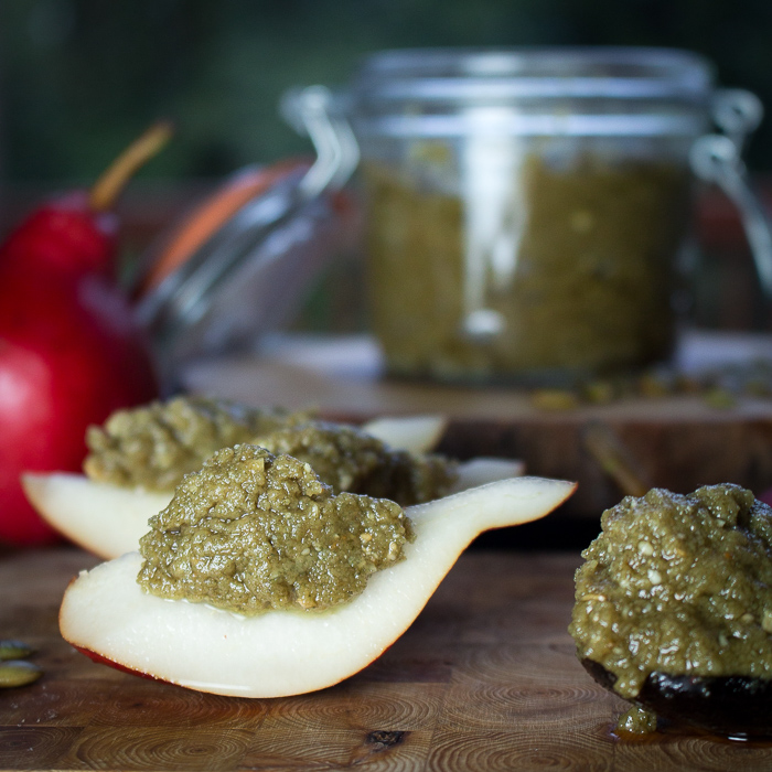 Roasted Pumpkin Seed Butter on pear slices.