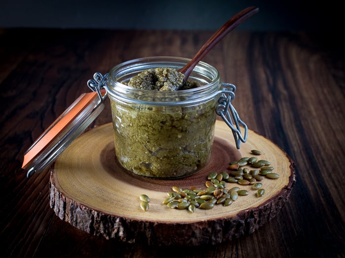 Roasted Pumpkin Seed Butter in a glass jar.