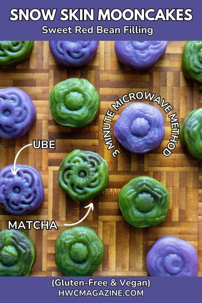 Snow skinned mooncakes laying on a wooden board colored in green matcha and purple Ube.