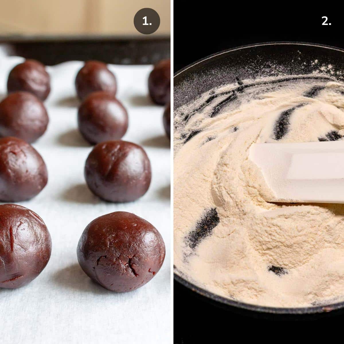 Rolling sweet red bean paste into balls and cooking glutinous rice flour. 