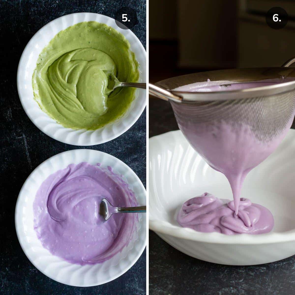 Adding matcha powder and Ube extract to mooncake batter and straining in a fine mesh strainer. 