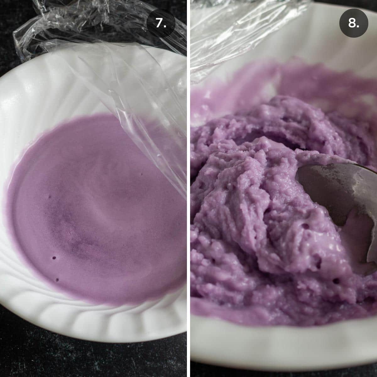 Showing the mooncake dough after 30 seconds and another 30 seconds cooked in microwave.