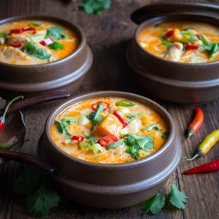 Creamy Thai Sweet Potato Chicken Soup ready to eat. 