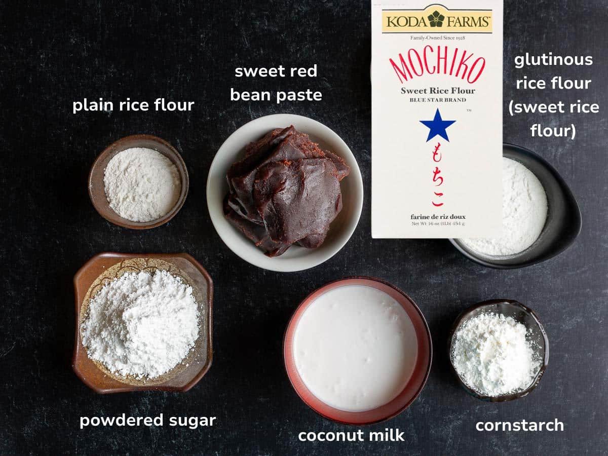 The main ingredients to make vegan and gluten free snow skin mooncakes on a table. 