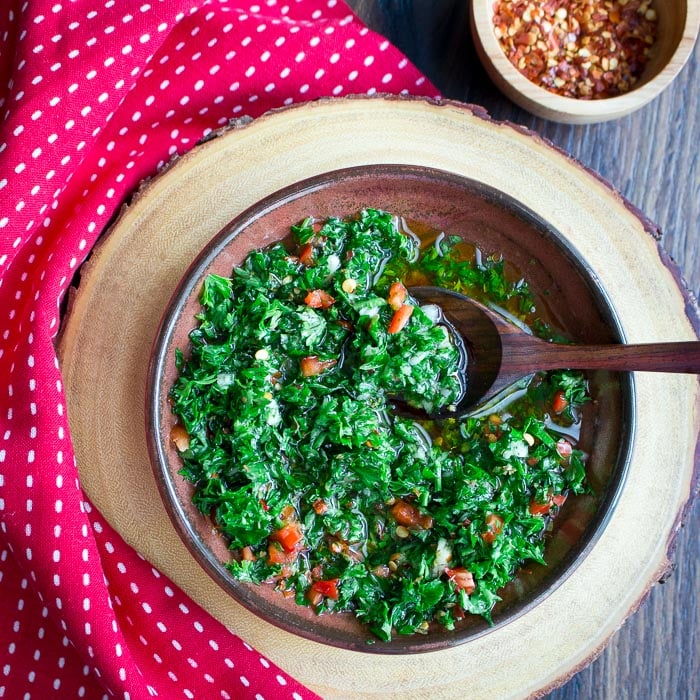 Spoonful of Chimichurri Sauce. 