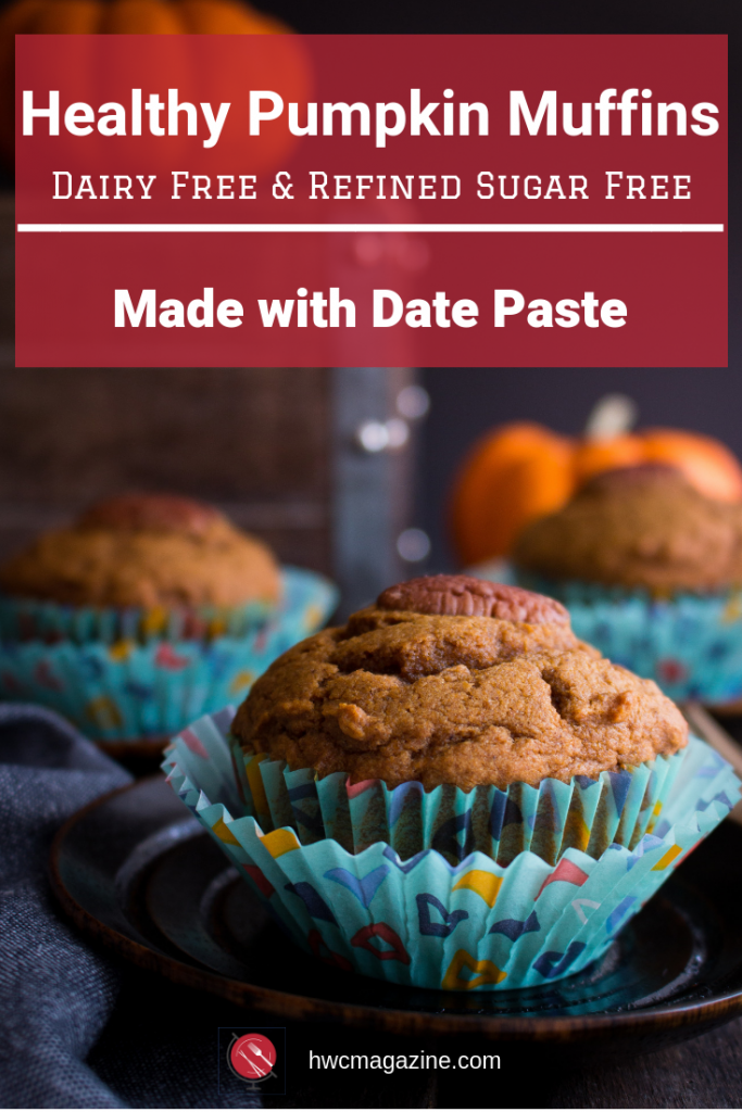 Healthy Pumpkin Muffins are moist, delicately sweetened with date paste and a pumpkin spice aroma that is out of this world. Naturally refined sugar free and dairy free too! Click to grab the helpful hints and recipe options. #muffins #baked #pumpkin #halloween #healthy #dairyfree #sugarfree #dates #breakfast #snacks #schoollunches #afterschoolsnacks / https://www.hwcmagazine.com