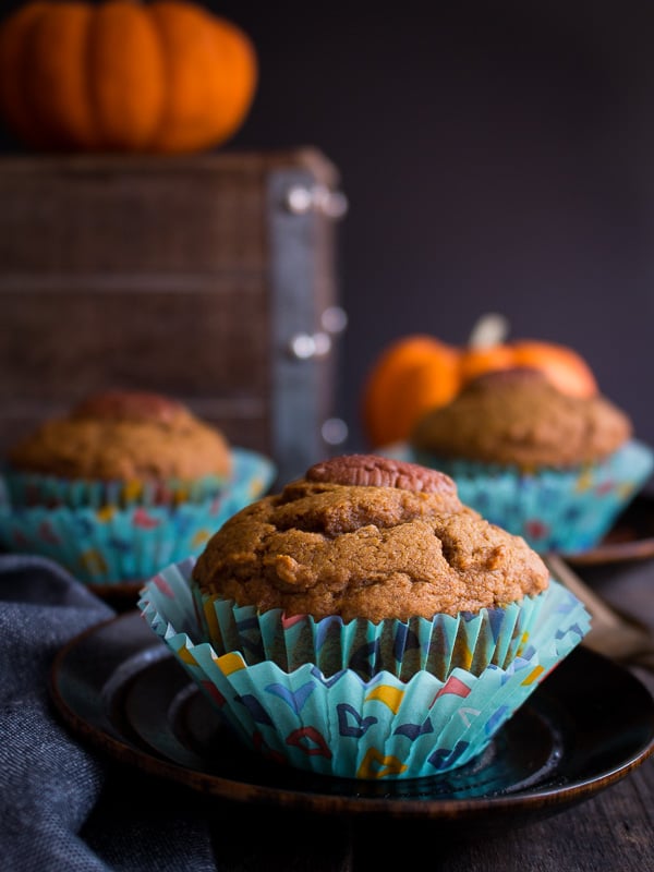 Muffins in a blue paper cup with pumpkins in the background.