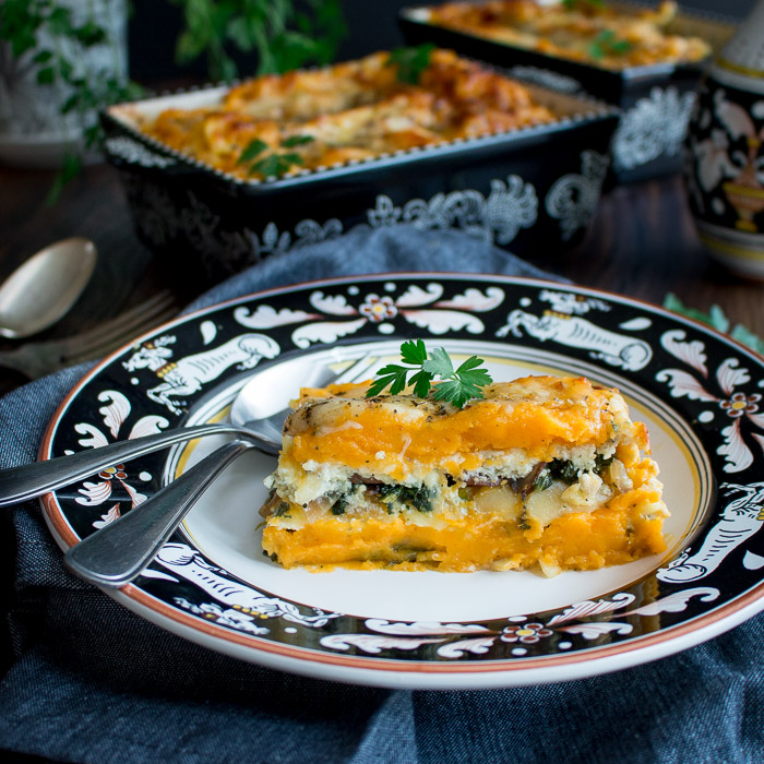 Butternut Squash Vegetarian Lasagna slice on a plate from Sienna, Italy.