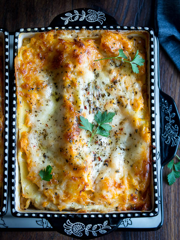 Butternut Squash Vegetarian Lasagna in a pretty black and white baking dish.