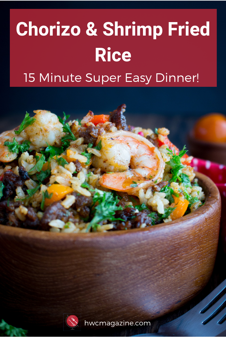 Chorizo and Shrimp Fried Rice is one super easy less than 15-minute one pan Spanish meal using leftover brown rice, vegetables of choice, spicy gluten free chorizo and shrimp. #rice #easyrecipe #easydinner #spanish #shrimp #chorizo #glutenfree / https://www.hwcmagazine.com