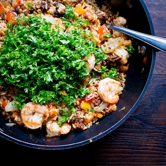 Chorizo and Shrimp Fried Rice / https://www.hwcmagazine.com
