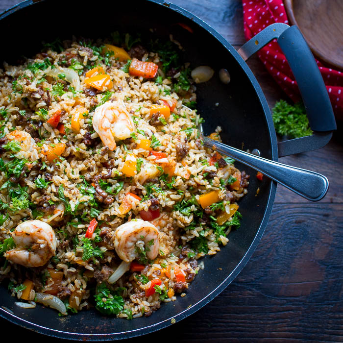 Chorizo and Shrimp Fried Rice / https://www.hwcmagazine.com