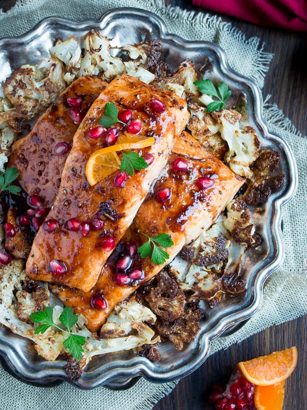 Oranges and pomegranates topping this perfectly flaky baked salmon. 