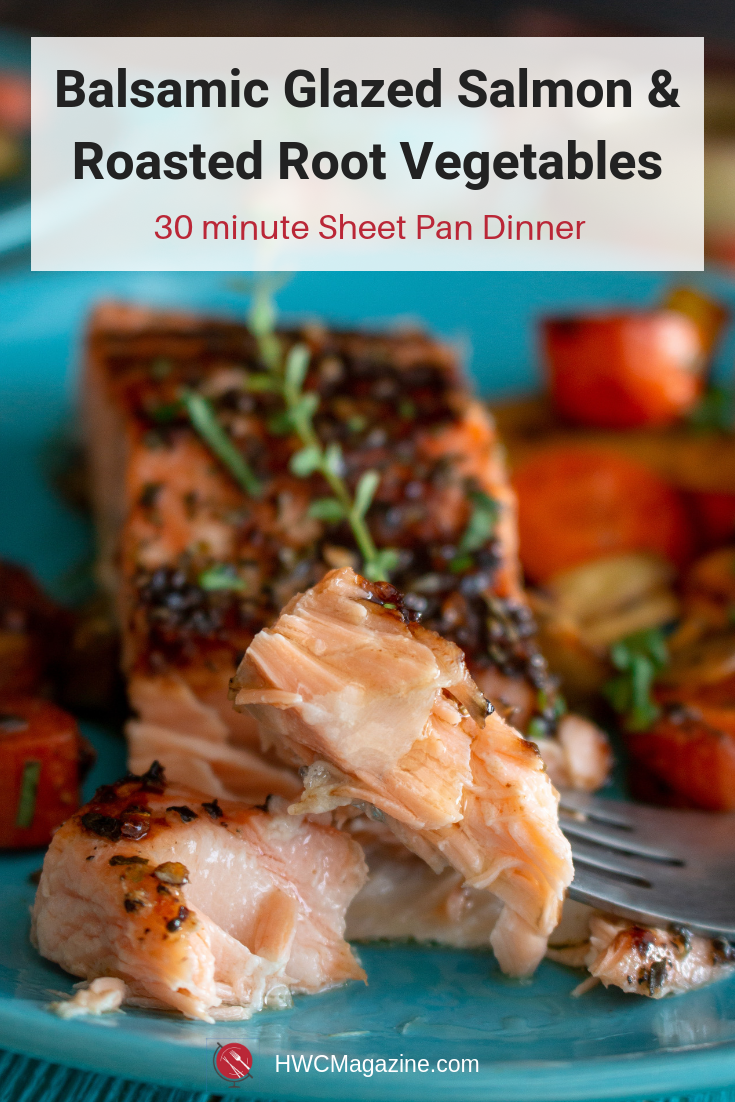 Sheet Pan Balsamic Glazed Salmon and Roasted Root Vegetables is a super easy less than 30-minute meal that is going to be your new go to weeknight meal that is fancy enough for guests. #salmon #fish #sheetpan #balsamic #easyrecipe #italian #rootvegetables #cleaneating #healthyeating / https://www.hwcmagazine.com