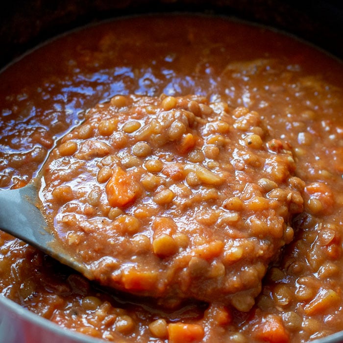 Close up shot of the stew being scooped out of the instant pot.