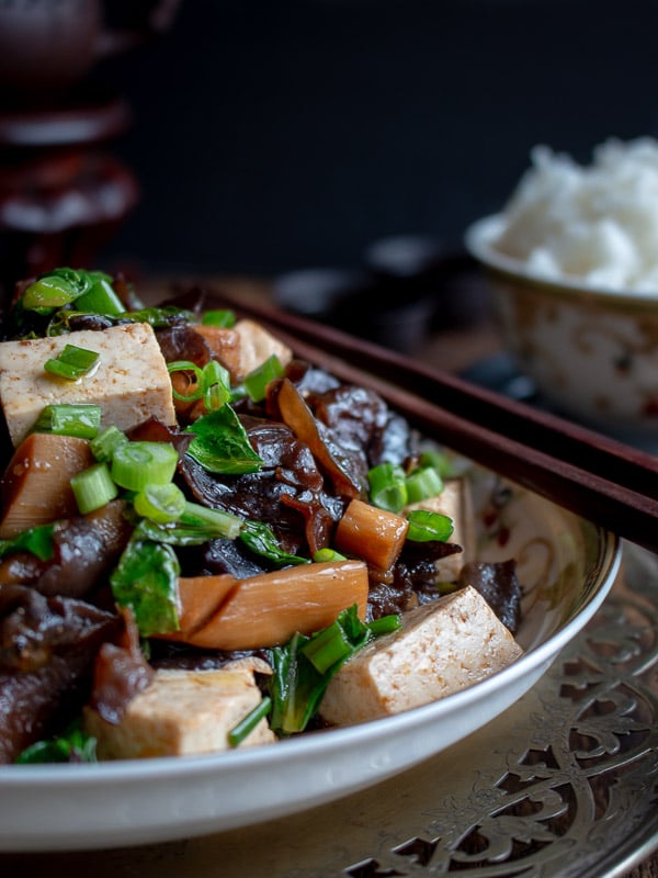 Close up showing the tofu and mushrooms with toppings of green onions.