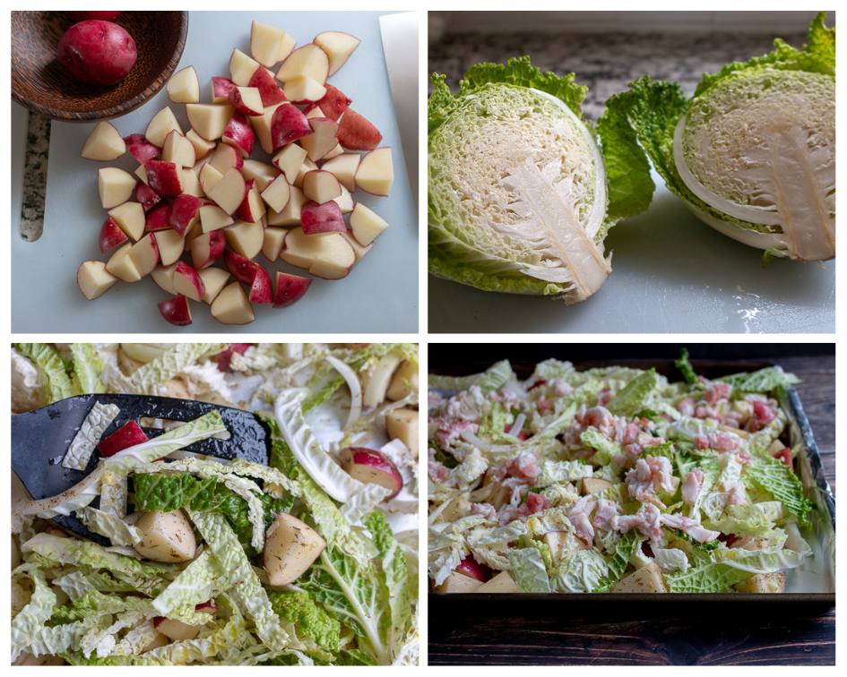 Cutting potatoes and cabbage and bacon and placed on a baking sheet.