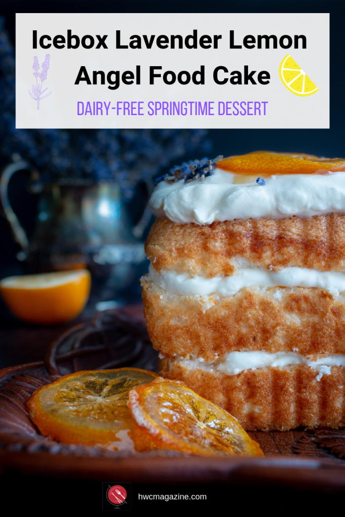 Icebox Lavender Lemon Angel Food Cake is light and fluffy with a delicious lavender Meyer lemon honey dairy free topping between 3 layers of angel food cake. Almost homemade and a show stopper spring dessert. #dessert #lavender #honey #cake #easter #springtime #sweets #dairyfree #easyrecipe #lemon / https://www.hwcmagazine.com