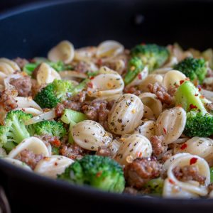 Orecchiette and Chicken Sausage in a Garlic Wine Sauce / https://www.hwcmagazine.com