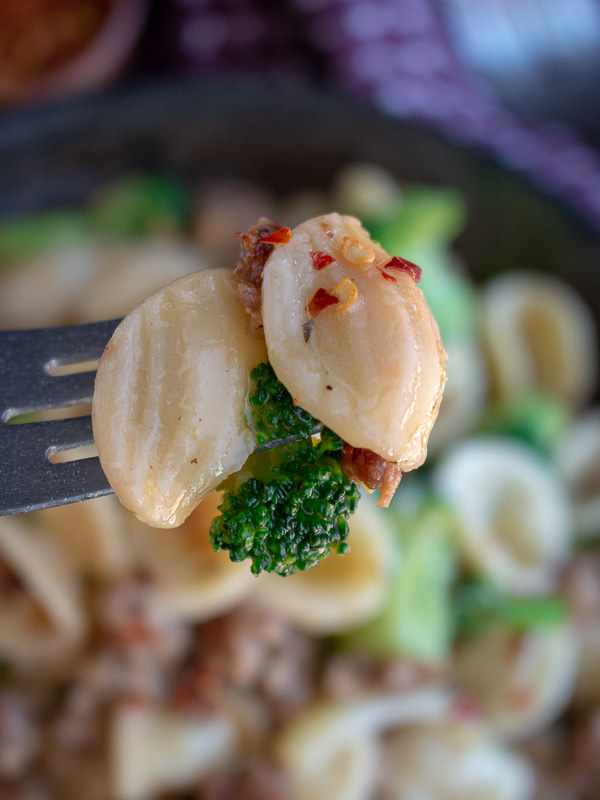 Bite shot with pasta, sausage, broccoli and a little red chili flakes on top.