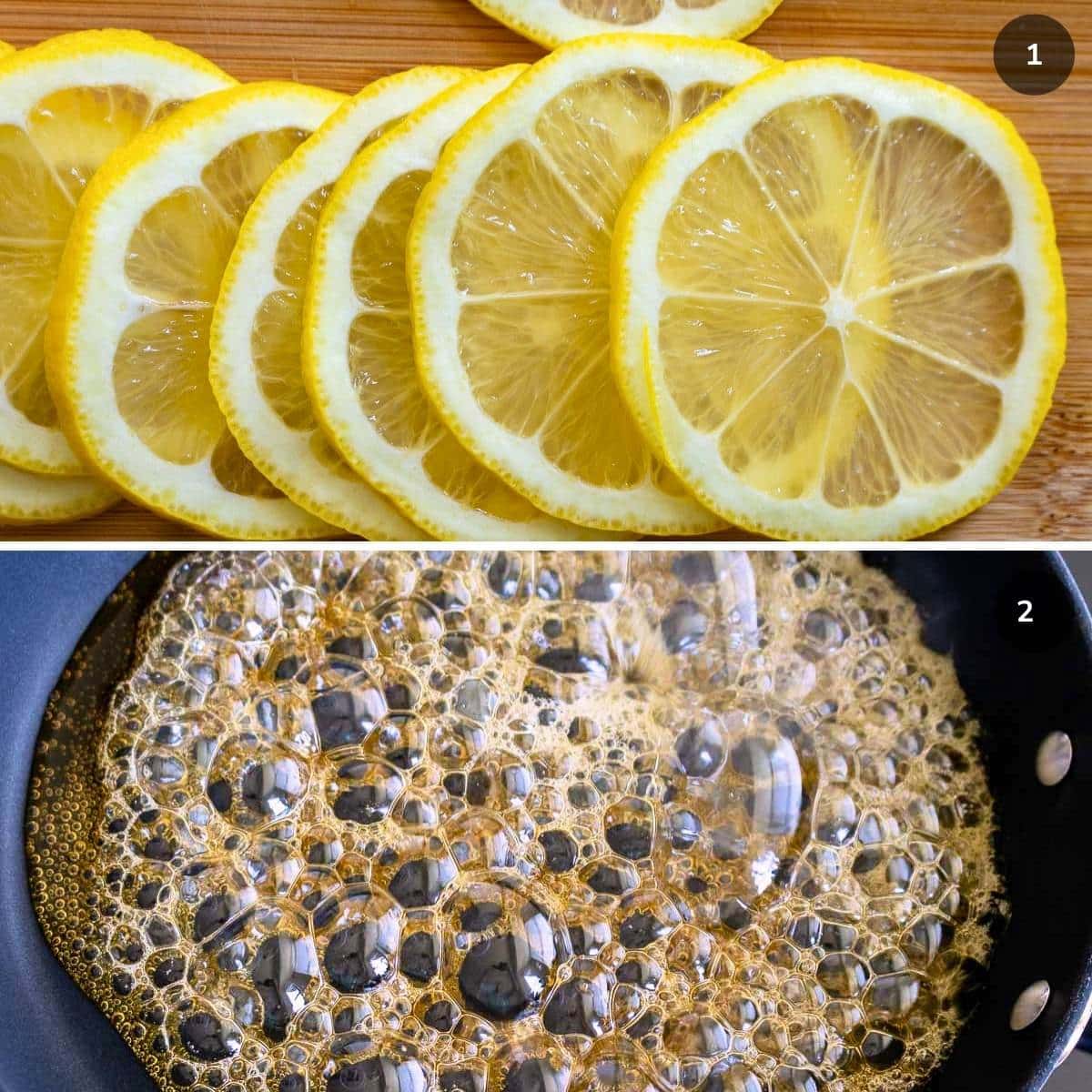 Lemons sliced into ⅛ inch and honey bubbling in pan.