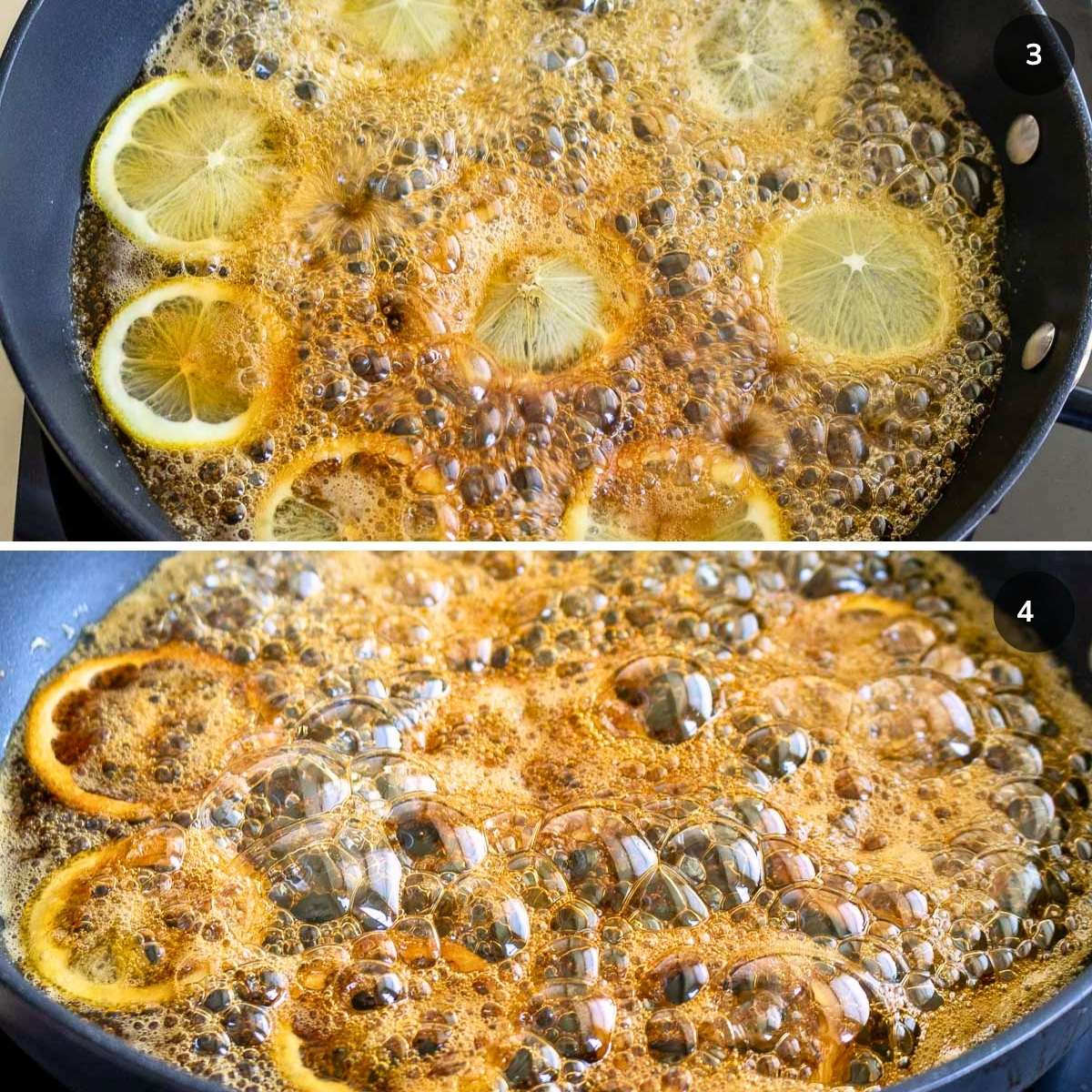 Leon slices bubbling away in honey over low medium heat.