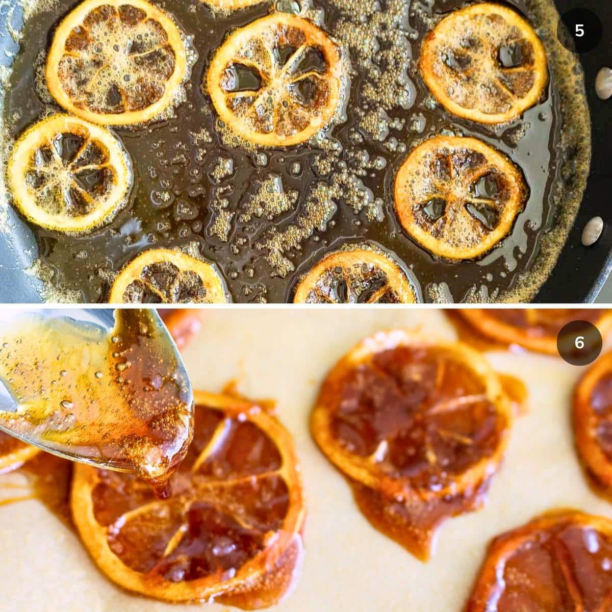 Lemon slices down cooking and thick honey sauce glaze spooned over slices.