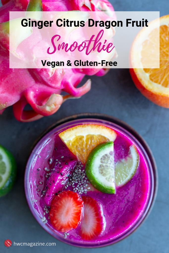 Ginger Citrus Dragon Fruit Smoothie is a deliciously creamy breakfast or tropical snack packed with gut friendly ginger, red dragon fruit (pitaya) fresh citrus fruits and bananas for a tropical sip any time of the day. Dairy-free, gluten-free, vegan and refined sugar-free. #smoothie #vegan #dragonfruit #fruit #healthyliving #plantbased #glutenfree #dairyfree #breakfast / https://www.hwcmagazine.com