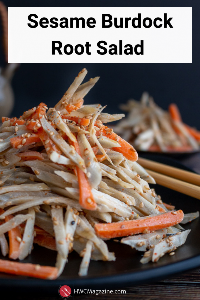 Sesame Burdock Root Salad is made with braised Japanese gobo root and carrot with light and creamy sesame mayo dressing. Gluten-free options. #salad #Japanese #burdock #gobo #easyrecipe #asianrecipe #worldcuisine / https://www.hwcmagazine.com