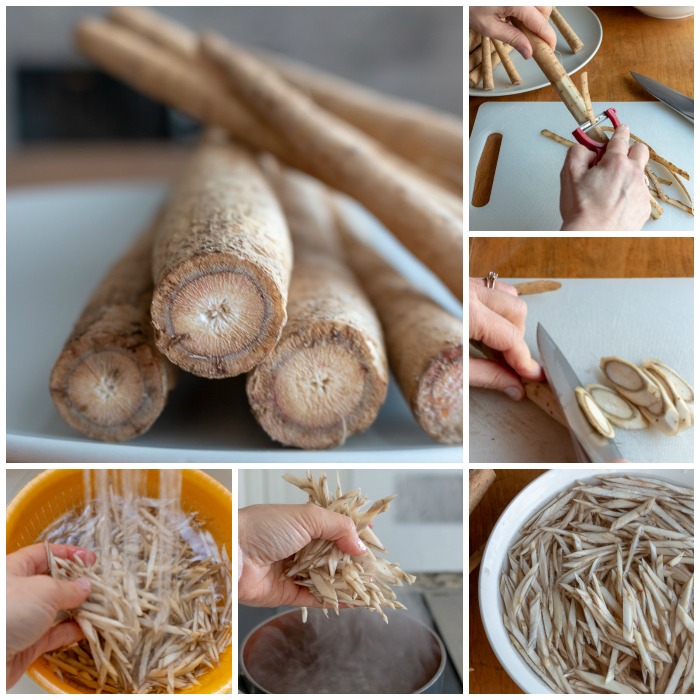 Step by step showing how to peel slice and blanch burdock root.